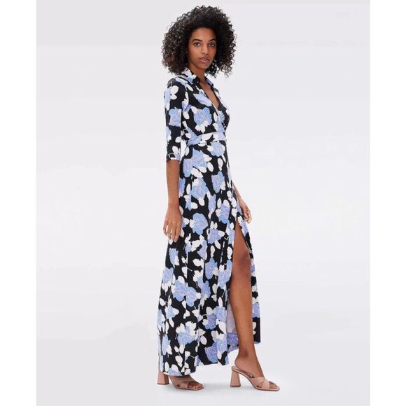 Diane Von Furstenberg DVF Floral Silk Wrap Maxi Dress Sky Blue - Picture 1 of 13